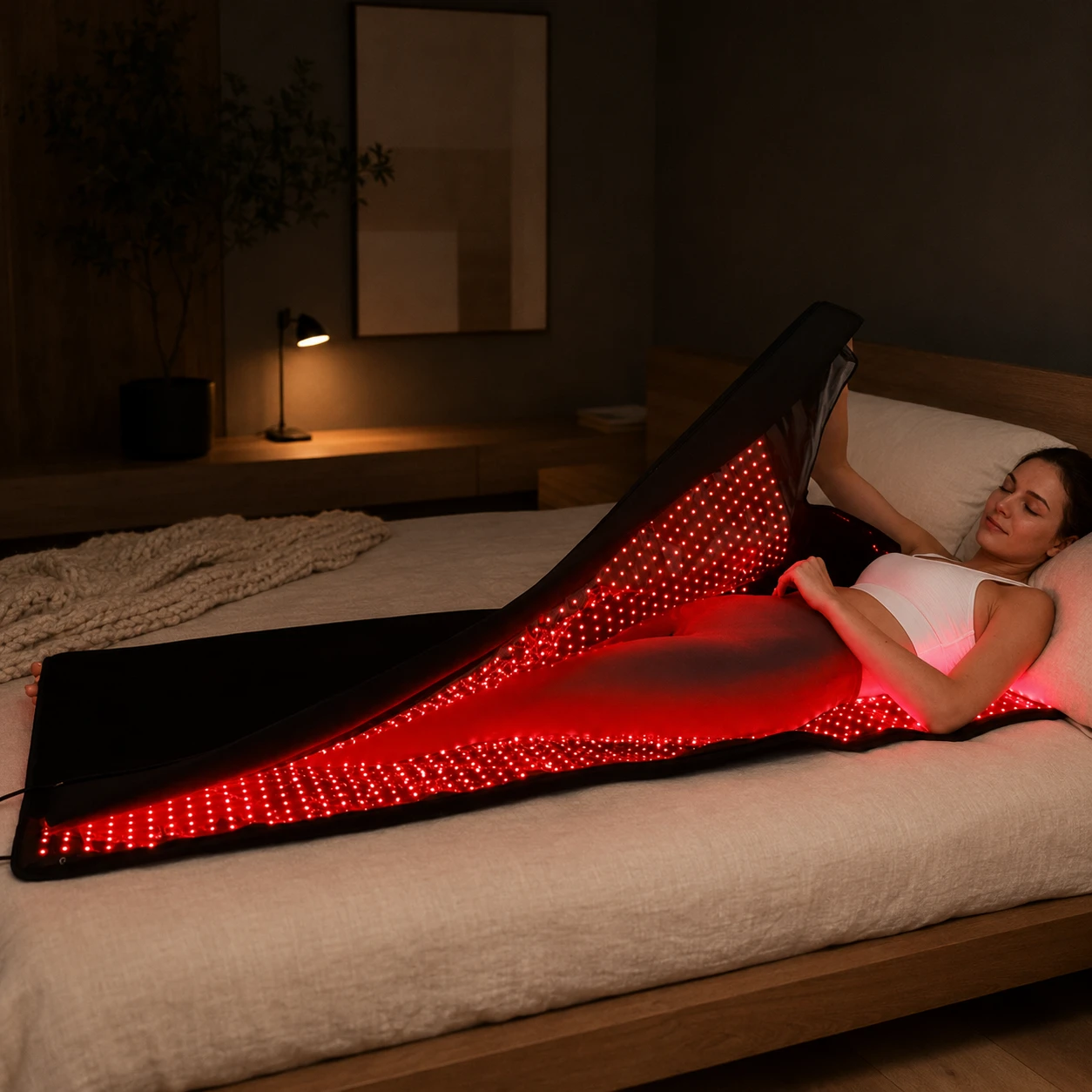 A woman resting on a bed as the red-light mat folds up over her body in a warm, dark room