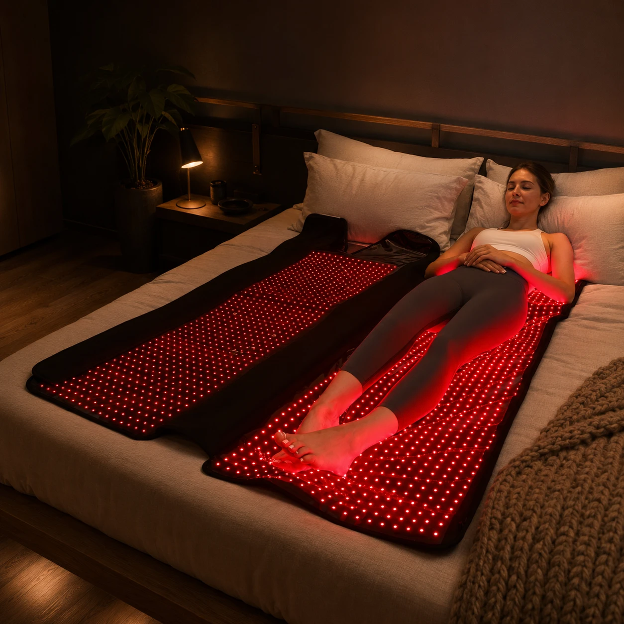 The red-light mat opened out flat across the bed, a woman resting full-length on it in a warm, dark room