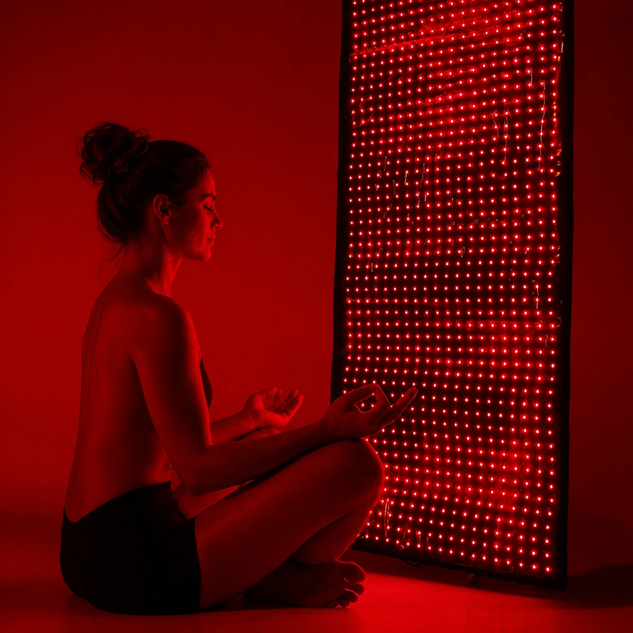 A woman meditating cross-legged beside the glowing red-light panel