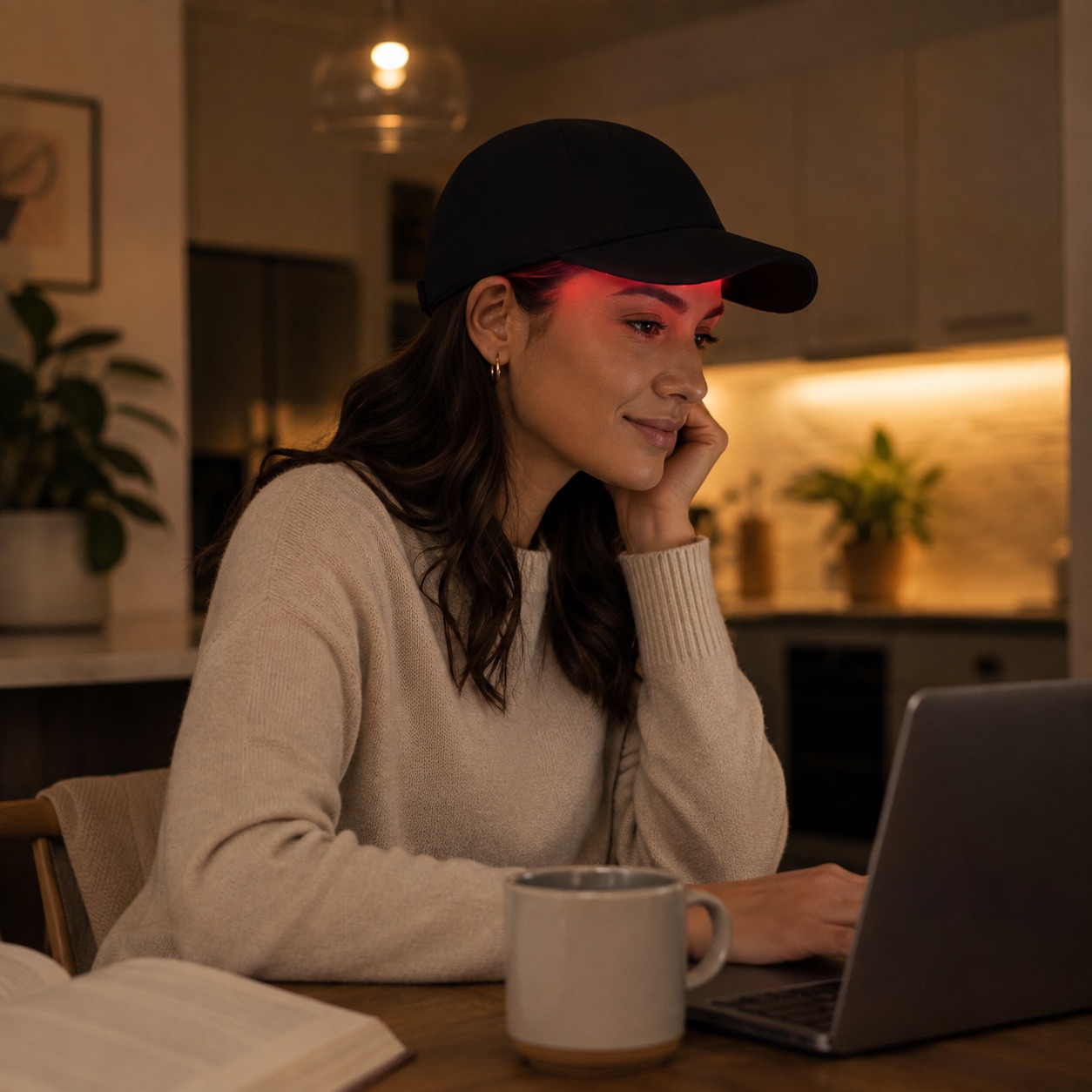 A person at a kitchen table in the evening wearing a lit Rubaris Scalp Cap while working at a laptop.