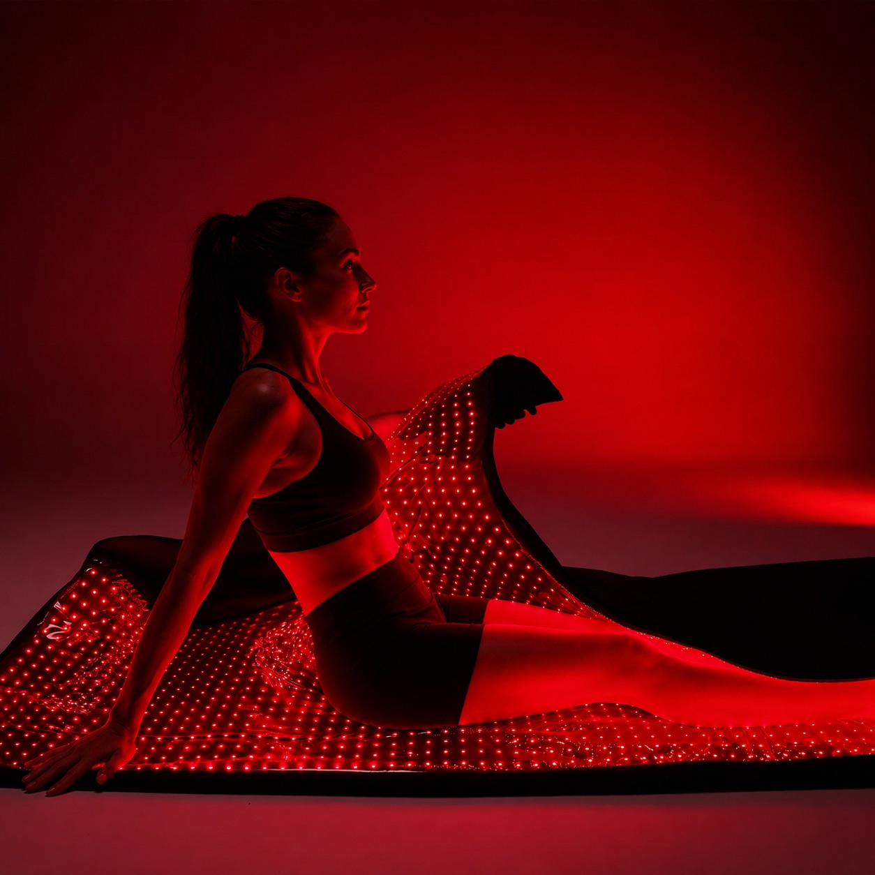 A person sitting on a lit Rubaris Recovery Pod, drawing its upper panel across their legs.