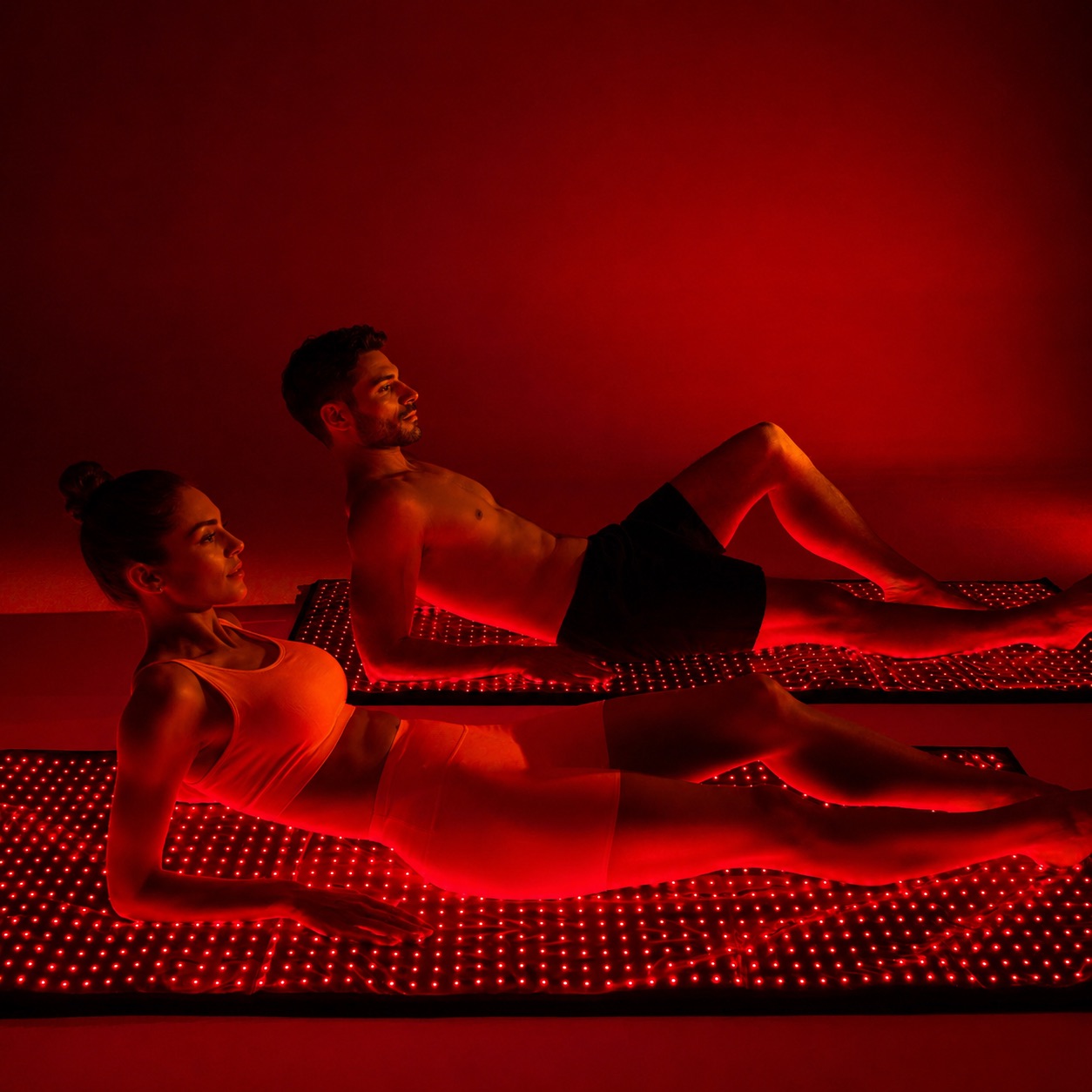 Two people reclining on separate lit Rubaris Recovery Mats side by side.